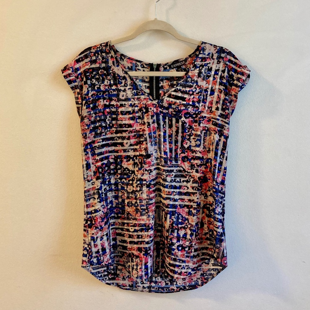 EXPRESS Blouse, V-Neck, Cap Sleeve, Blue & Pink Design, Size XS, 90s Oversized